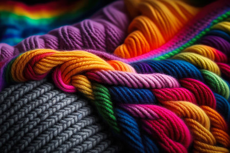Close up of rainbow colored knitted blanket. Generative AI.の素材