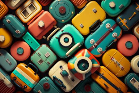 Many colorful suitcases are arranged in pattern. Generative AI.の素材