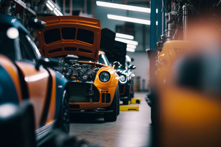 An orange and blue sports car is being worked on in garage. Generative AI.の素材