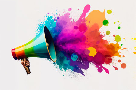 Person holding megaphone with colorful paint splashed on it. Generative AI.の素材