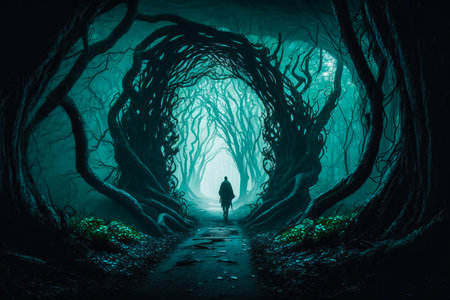 Person walking through dark tunnel in the woods. Generative AI.の素材