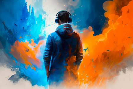 Man wearing headphones is standing in front of colorful painting. Generative AI.の素材