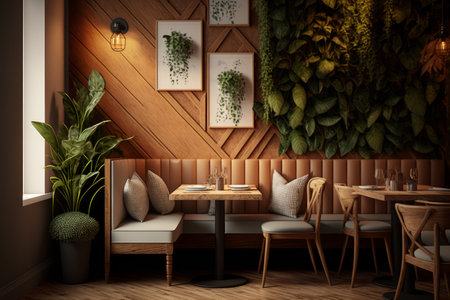 The interior of restaurant with wooden walls and plants. Generative AI.の素材