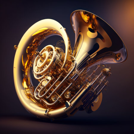 Golden tuba on black background. Generative AI.の素材