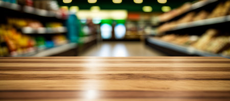 An empty wooden table in grocery store. Generative AI.の素材
