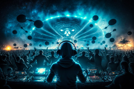 Dj in front of crowd at music festival. Generative AI.の素材