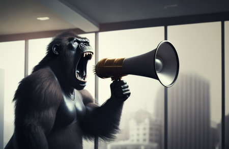 Gorilla holding megaphone in front of an office building. Generative AI.の素材