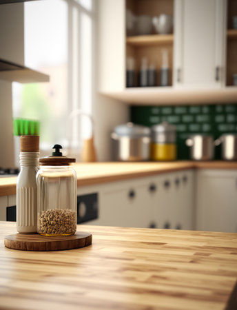 Kitchen with wooden counter top and jars of spices. Generative AI.の素材