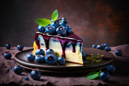 Piece of cheesecake with blueberries on plate. Generative AI.の素材
