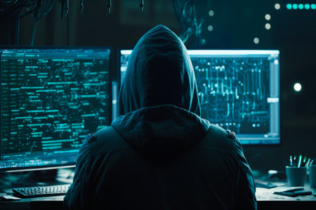 Person in hoodie sitting at computer with two monitors. Generative AI.の素材