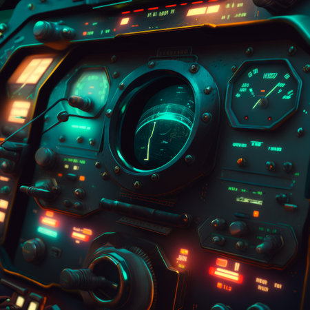 The cockpit of spaceship is shown in this image. Generative AI.の素材