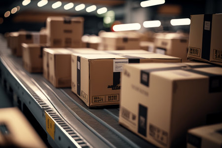 Many boxes are on conveyor belt in warehouse. Generative AI.の素材