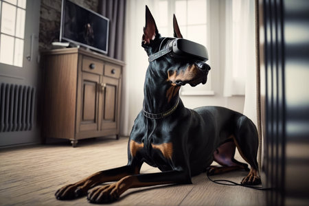 Doberman dog wearing virtual reality headset. Generative AI.の素材