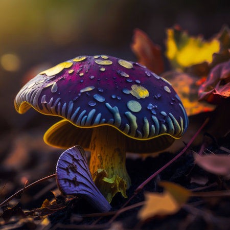 Colorful mushroom sitting on the ground in the woods. Generative AI.の素材