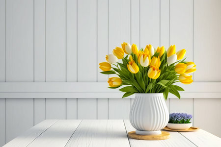 White vase with yellow tulips on wooden table. Generative AI.の素材