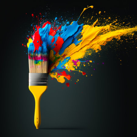 Paint brush with colorful paint splashes on black background. Generative AI.の素材