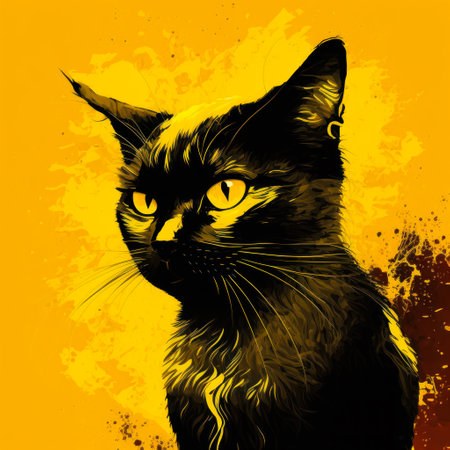 Black cat with yellow eyes on yellow background. Generative AI.の素材