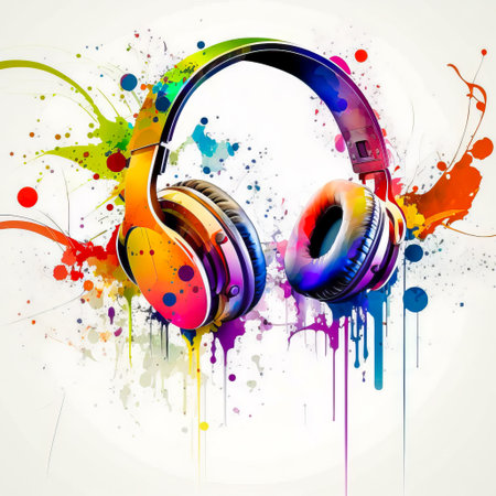 Colorful pair of headphones on white background. Generative AI.の素材