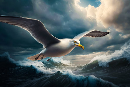 Seagull flying over stormy ocean. Generative AI.の素材