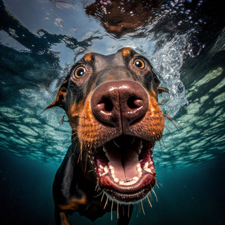 Doberman dog swimming underwater with its mouth open. Generative AI.の素材