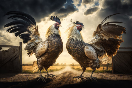 Two roosters standing in front of dirt road. Generative AI.の素材