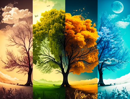 Four colorful trees with different seasons in the background. Generative AI.の素材
