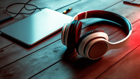 Pair of headphones sitting on top of table. Generative AI.の素材