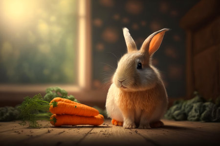 Rabbit sitting on the floor next to some carrots. Generative AI.の素材