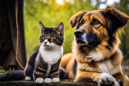 Dog and cat sitting next to each other. Generative AI.の素材