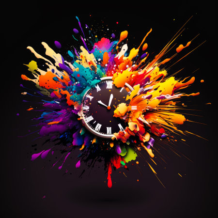 Colorful clock with splashes of paint on black background. Generative AI.の素材