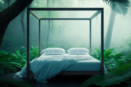 Canopy bed in the middle of forest. Generative AI.の素材