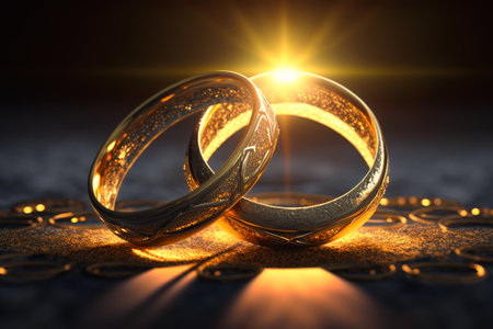 Two golden wedding rings on dark background. Generative AI.の素材