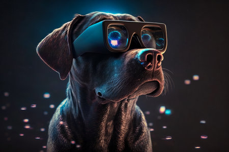 Dog with 3d glasses on its head. Generative AI.の素材