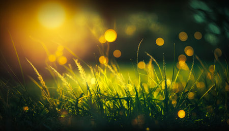 An image of grass in the sun with bright lights. Generative AI.の素材