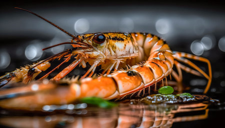 An image of large shrimp sitting on the water. Generative AI.の素材