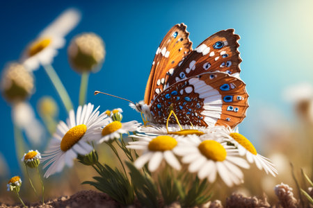 An image of butterfly sitting on some daisies. Generative AI.の素材