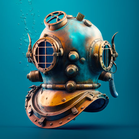 An old diving helmet on blue background. Generative AI.の素材
