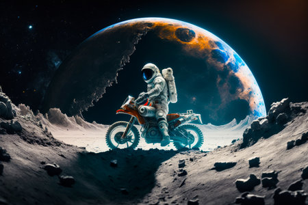 An astronaut riding motorcycle on the moon. Generative AI.の素材