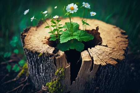 Tree stump with flowers growing out of it. Generative AI.の素材