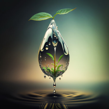 Drop of water with plant growing out of it. Generative AI.の素材
