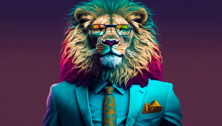 Man in suit and tie with lion head. Generative AI.の素材