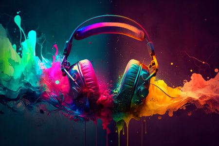Headphones with colorful splashes on black background. Generative AI.の素材