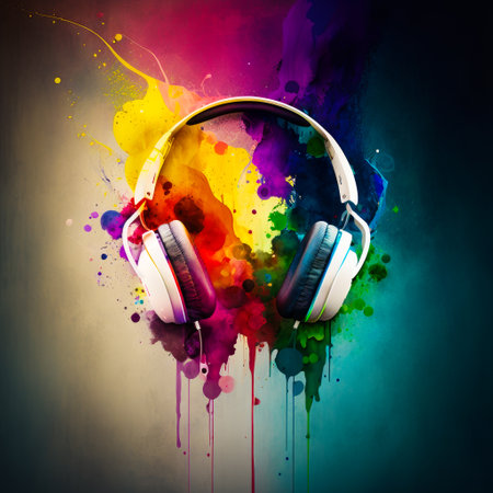 Headphones on colorful background with splashes of paint. Generative AI.の素材