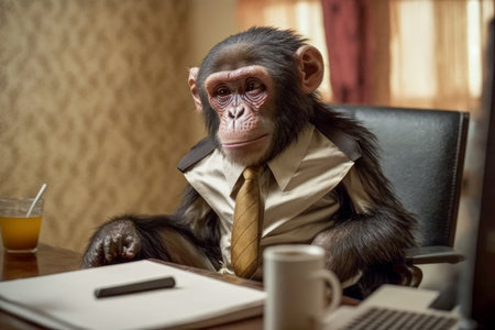 Monkey dressed in suit and tie sitting at desk with laptop computer. Generative AI.の素材