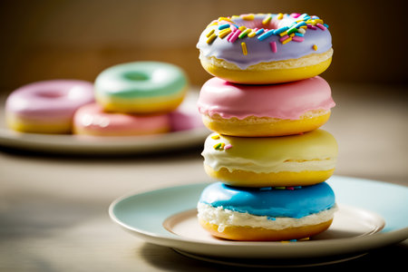 Stack of doughnuts sitting on top of plate on top of table. Generative AI.の素材