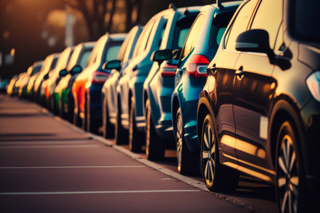 Row of parked cars in parking lot. Generative AI.の素材