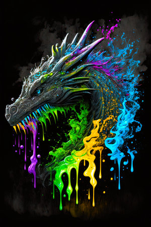 Dragon painted in rainbow colors on black background. Generative AI.の素材