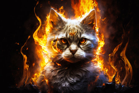 Cat that is sitting in front of fire with its eyes open and it is looking at the camera. Generative AI.の素材