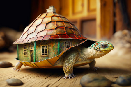Tortoise with house on top of it on table next to rock. Generative AI.の素材
