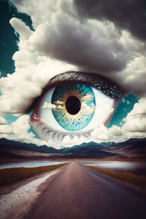 Eye with clouds in the background and road in the foreground with lake in the middle. Generative AI.の素材